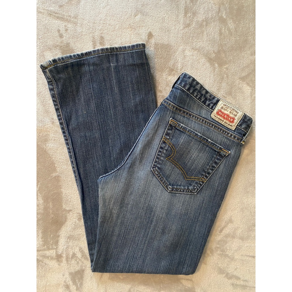Big Star Jeans Sz 31R Blue Mia Bootcut Whiskered Low Rise Y2K Made/USA Western